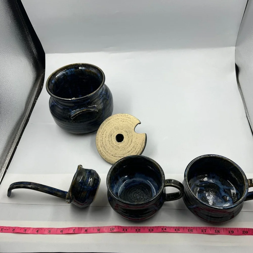 Vintage Signed Studio Pottery Soup Pot with Lid Ladle and 2‎ Bowls Blue Glaze